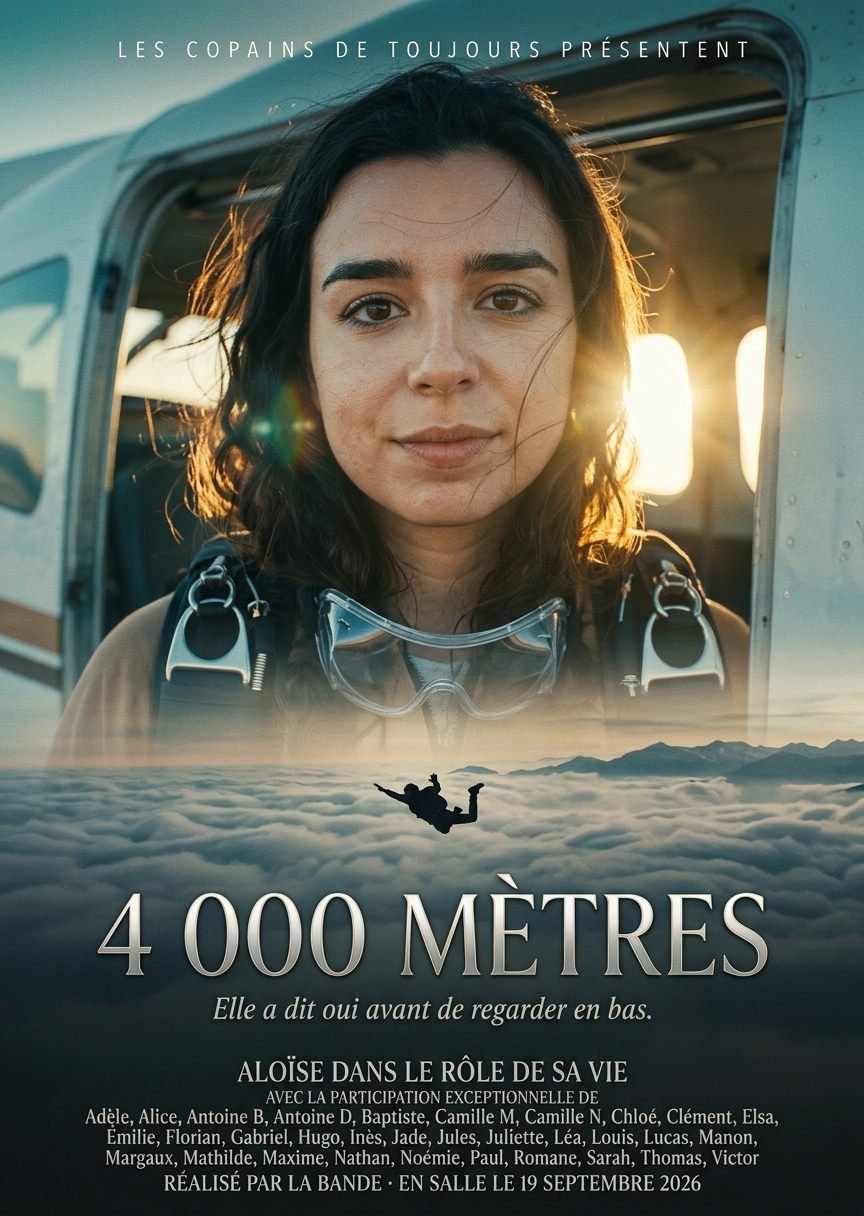 Autre exemple : Affiche de film 4 000 MÈTRES, Aloïse devant la portière de l'avion, au-dessus des nuages