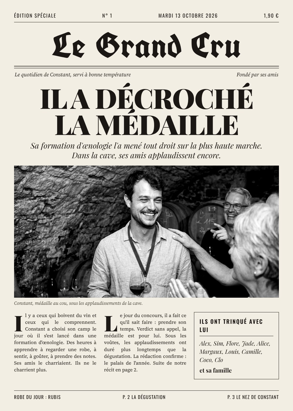 Une de journal Le Grand Cru : Constant, médaillé d'un concours d'œnologie, applaudi dans une cave