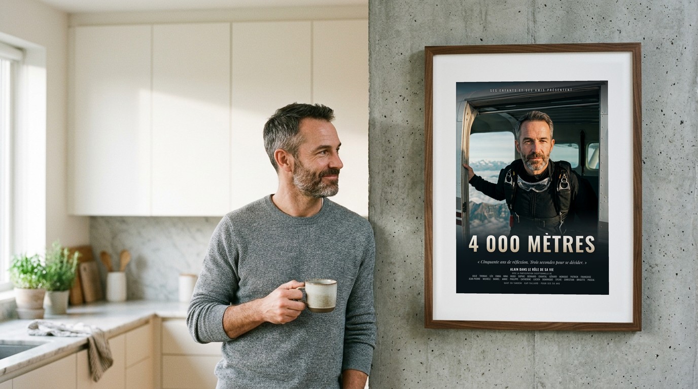 Une affiche de film personnalisée encadrée au mur d’une cuisine